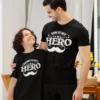Father and son wearing matching printed Father’s Day t-shirts -