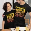 Custom Father Son Matching Tshirts - Dad and son wearing matching custom T-shirts smiling - Fathers day Tshirts