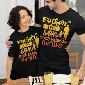 Custom Father Son Matching Tshirts - Dad and son wearing matching custom T-shirts smiling - Fathers day Tshirts