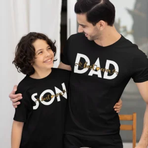 custom dad son tshirt - Dad and son wearing matching custom T-shirts smiling - fathers day t-shirts