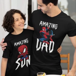 amazing spider man, amazing dad, amazing son - Dad and son wearing matching custom T-shirts smiling - Fathers day Tshirts