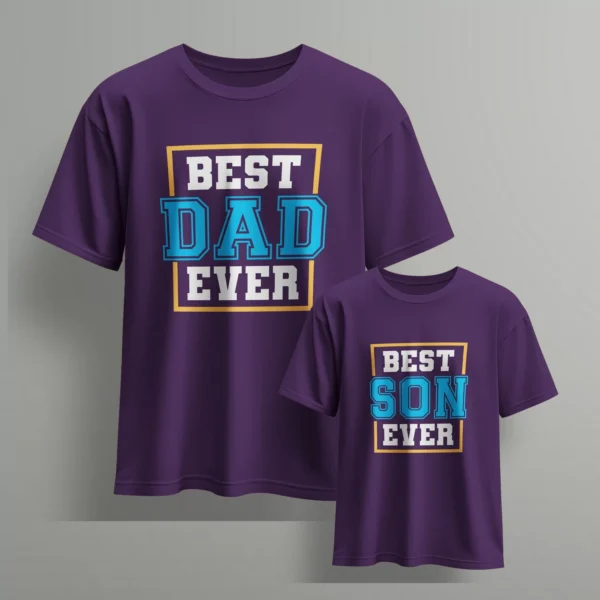 Custom Father Son Matching Tshirts - Dad and son wearing matching custom T-shirts smiling - Fathers day Tshirts