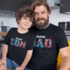 Dad and Son Matching Tshirts - marvel super dad super son Dad and son print - wearing matching custom T-shirts smiling - Fathers day Tshirts