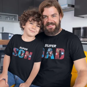 Dad and Son Matching Tshirts - marvel super dad super son Dad and son print - wearing matching custom T-shirts smiling - Fathers day Tshirts