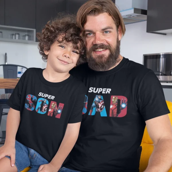 Dad and Son Matching Tshirts - marvel super dad super son Dad and son print - wearing matching custom T-shirts smiling - Fathers day Tshirts
