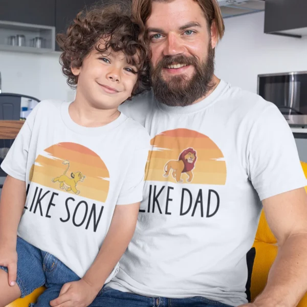 Dad and son wearing matching custom T-shirts smiling - like dad and like son - Custom Father Son Matching Tshirts