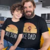 Dad and son wearing matching custom T-shirts smiling - like dad and like son - Custom Father Son Matching Tshirts
