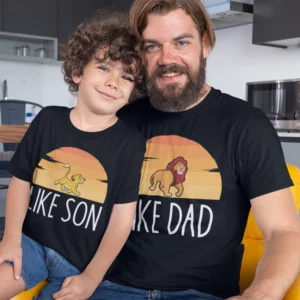 Dad and son wearing matching custom T-shirts smiling - like dad and like son - Custom Father Son Matching Tshirts