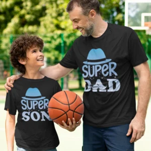 Custom Father Son Matching Tshirts - Dad and son wearing matching custom T-shirts smiling - Fathers day Tshirts