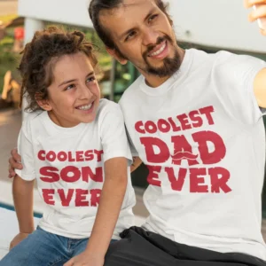Custom Father Son Matching Tshirts - Dad and son wearing matching custom T-shirts smiling - Fathers day Tshirts