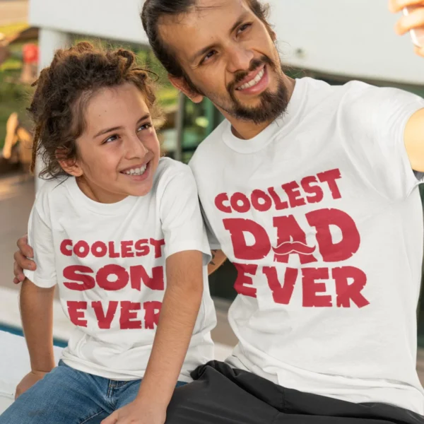 Custom Father Son Matching Tshirts - Dad and son wearing matching custom T-shirts smiling - Fathers day Tshirts