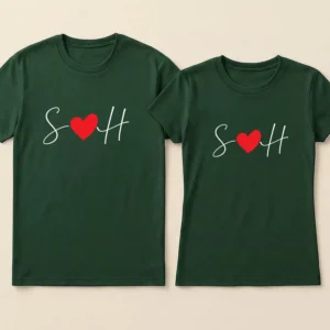 Custom initial couple t shirts with heart symbol and personalized initials