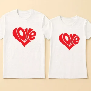 Custom Red Heart Love Print Couple T-Shirts